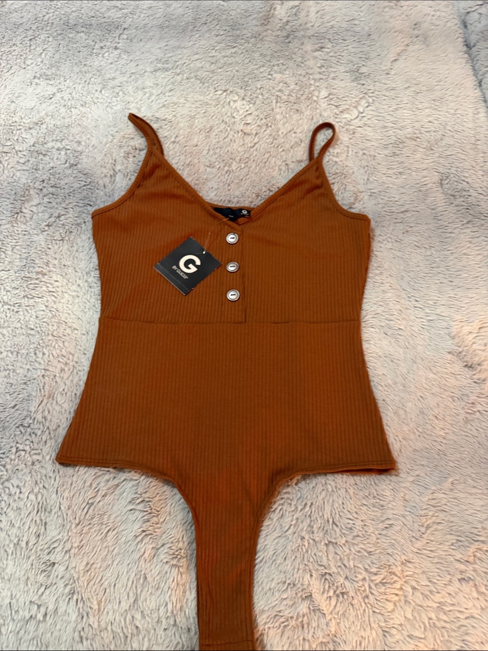 G by Guess Ribbed Rust Brown Tank Bodysuit with Button Detail